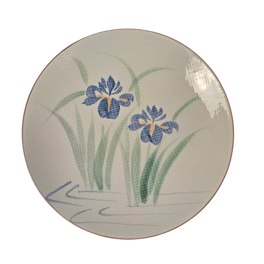 Ono Japan Hand Painted Iris Flower Ceramic Plate Blue Green Crackle Glaze 12.25"